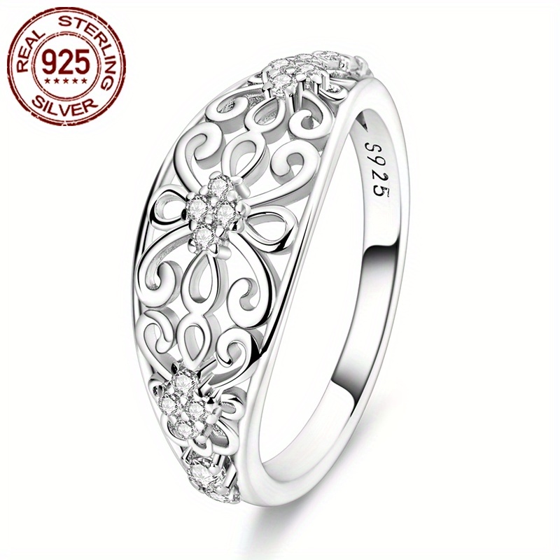 Vintage Flower Pattern Zirconia Ring - Hypoallergenic 925 Sterling Silver